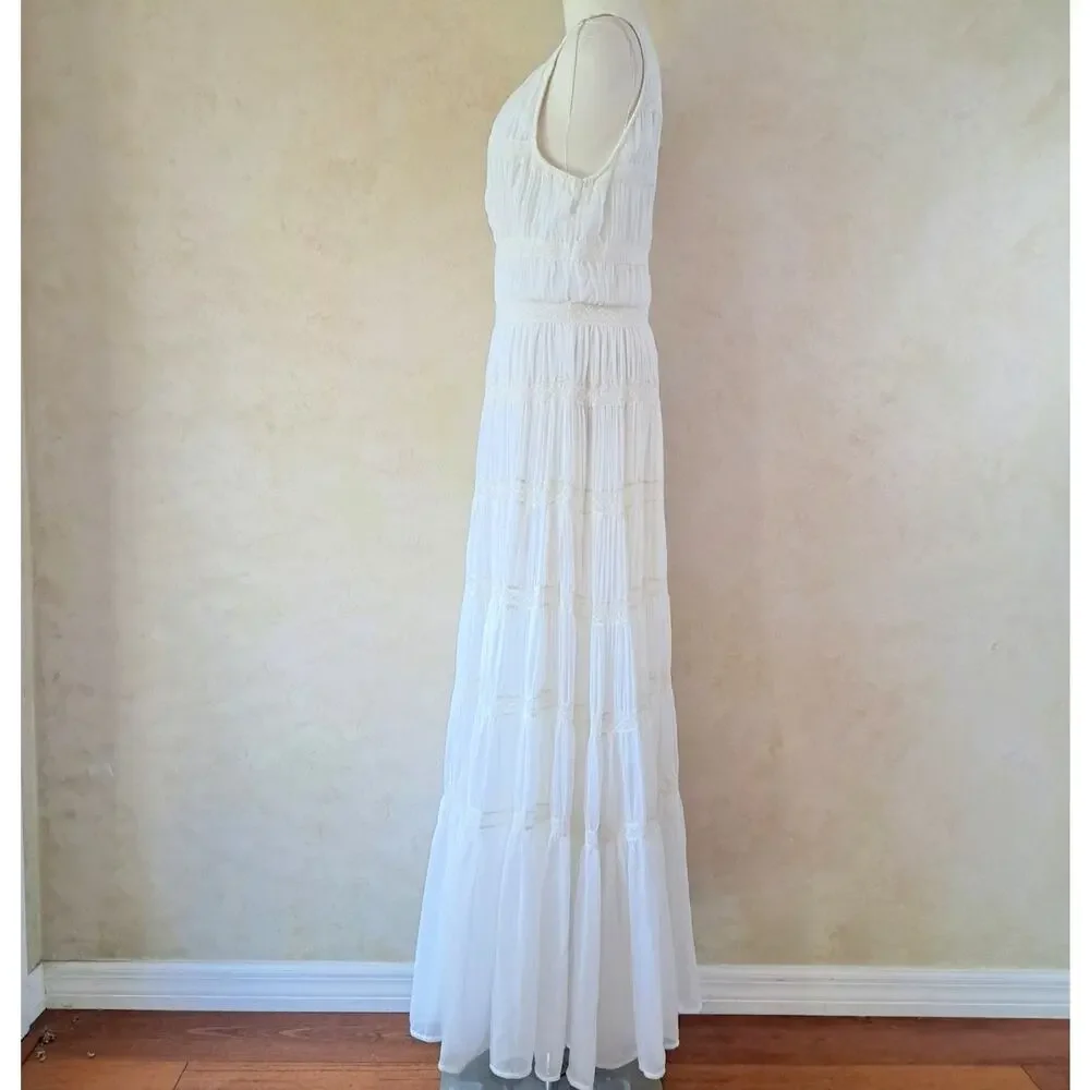 Abercrombie & Fitch White Plunge Lace Tiered Boho Maxi Dress Medium Tall MT